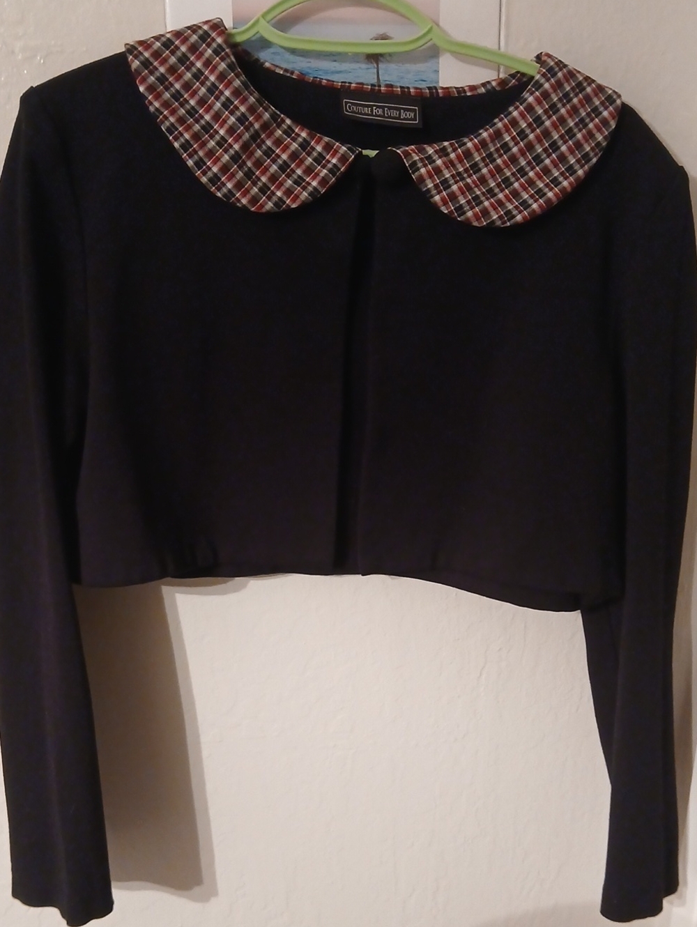 Women's Black Cropped Jacket with Plaid Peter Pan Collar